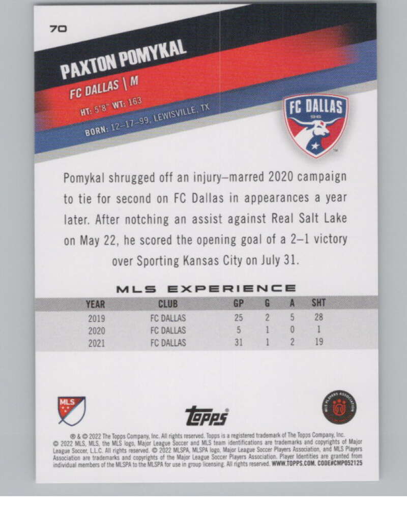 2022 Topps MLS Soccer #70 Paxton Pomykal  FC Dallas  V97647 Image 2