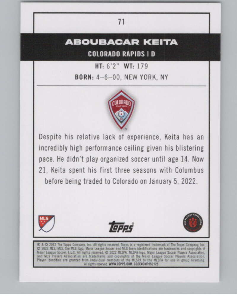 2022 Topps MLS Soccer #71 Aboubacar Keita  RC Rookie Colorado  V97648 Image 2