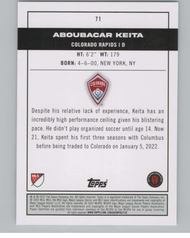 2022 Topps MLS Soccer #71 Aboubacar Keita  RC Rookie Colorado  V97649 Image 2