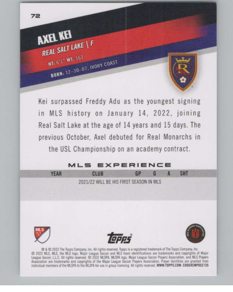 2022 Topps MLS Soccer #72 Axel Kei  RC Rookie Real Salt Lake  V97650 Image 2
