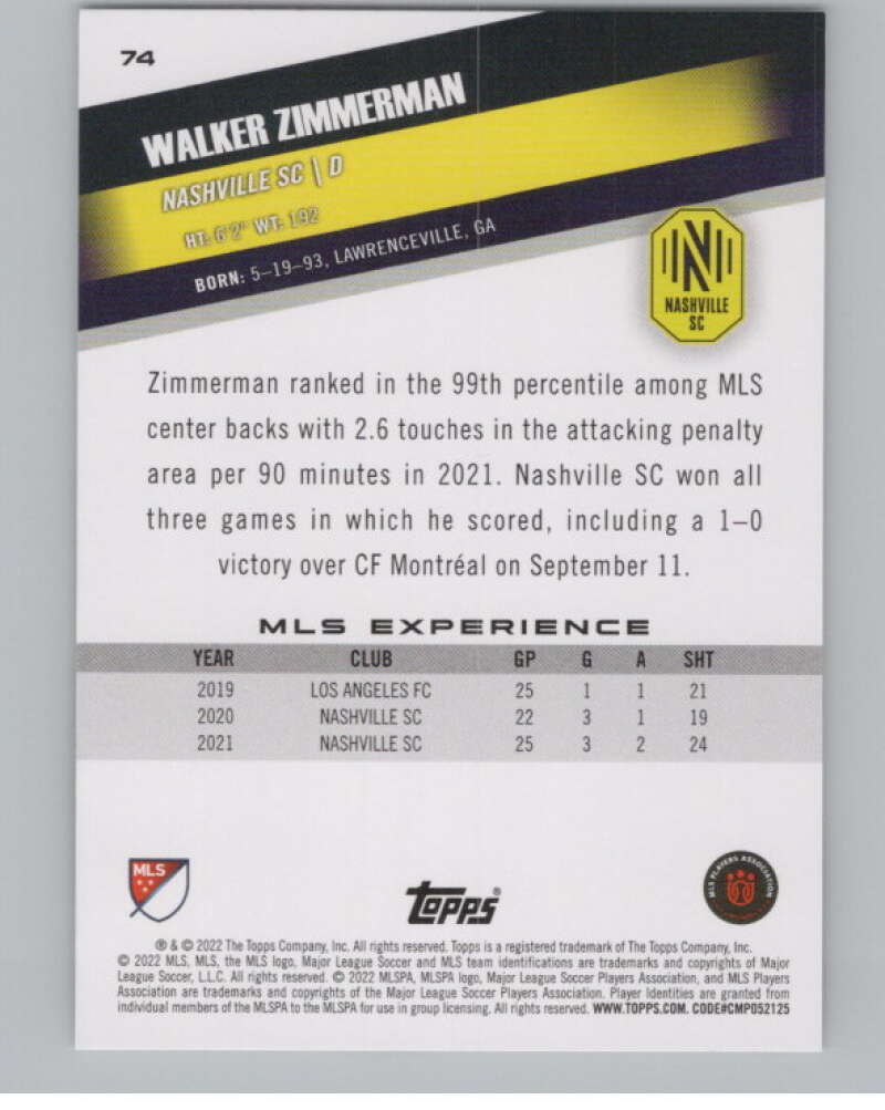2022 Topps MLS Soccer #74 Walker Zimmerman  Nashville SC  V97655 Image 2