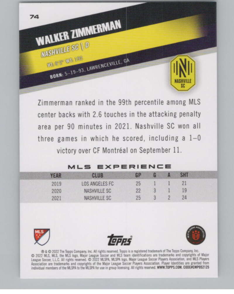 2022 Topps MLS Soccer #74 Walker Zimmerman  Nashville SC  V97656 Image 2