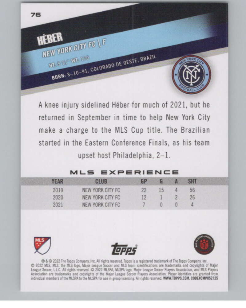 2022 Topps MLS Soccer #76 Heber  New York City FC  V97662 Image 2