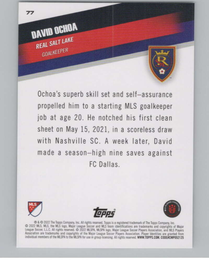 2022 Topps MLS Soccer #77 David Ochoa  Real Salt Lake  V97665 Image 2