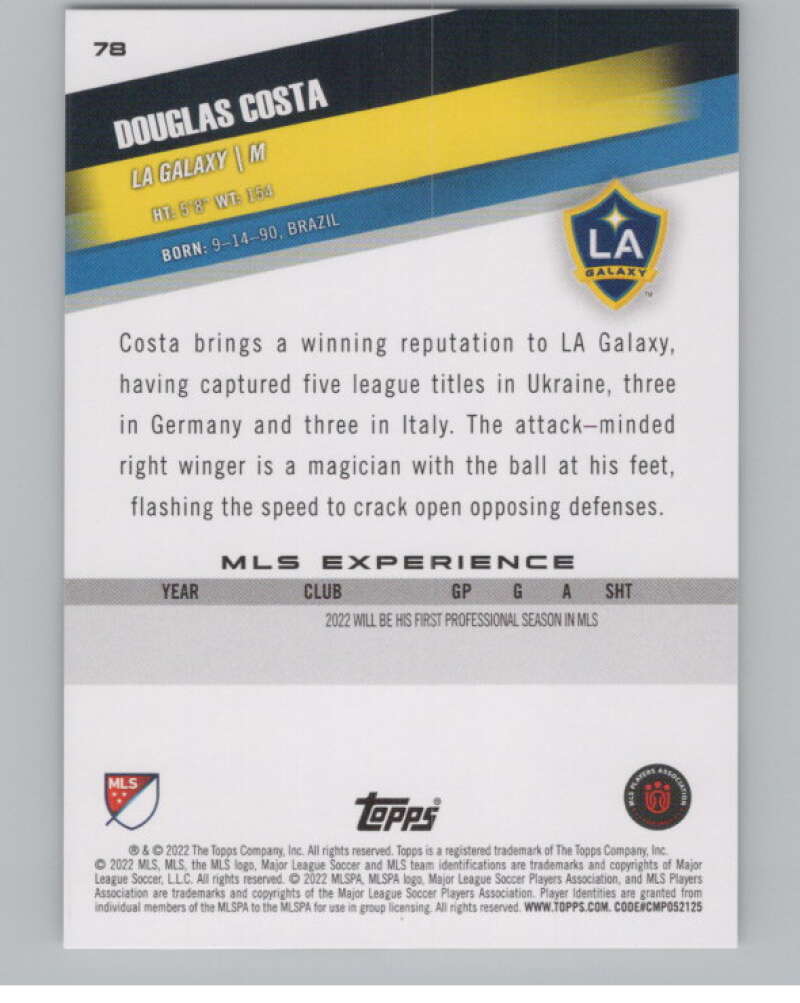 2022 Topps MLS Soccer #78 Douglas Costa  Los Angeles Galaxy  V97666 Image 2