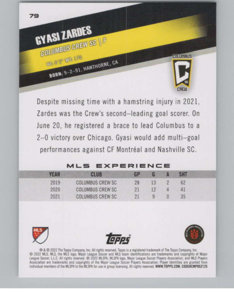 2022 Topps MLS Soccer #79 Gyasi Zardes  Columbus Crew SC  V97668 Image 2