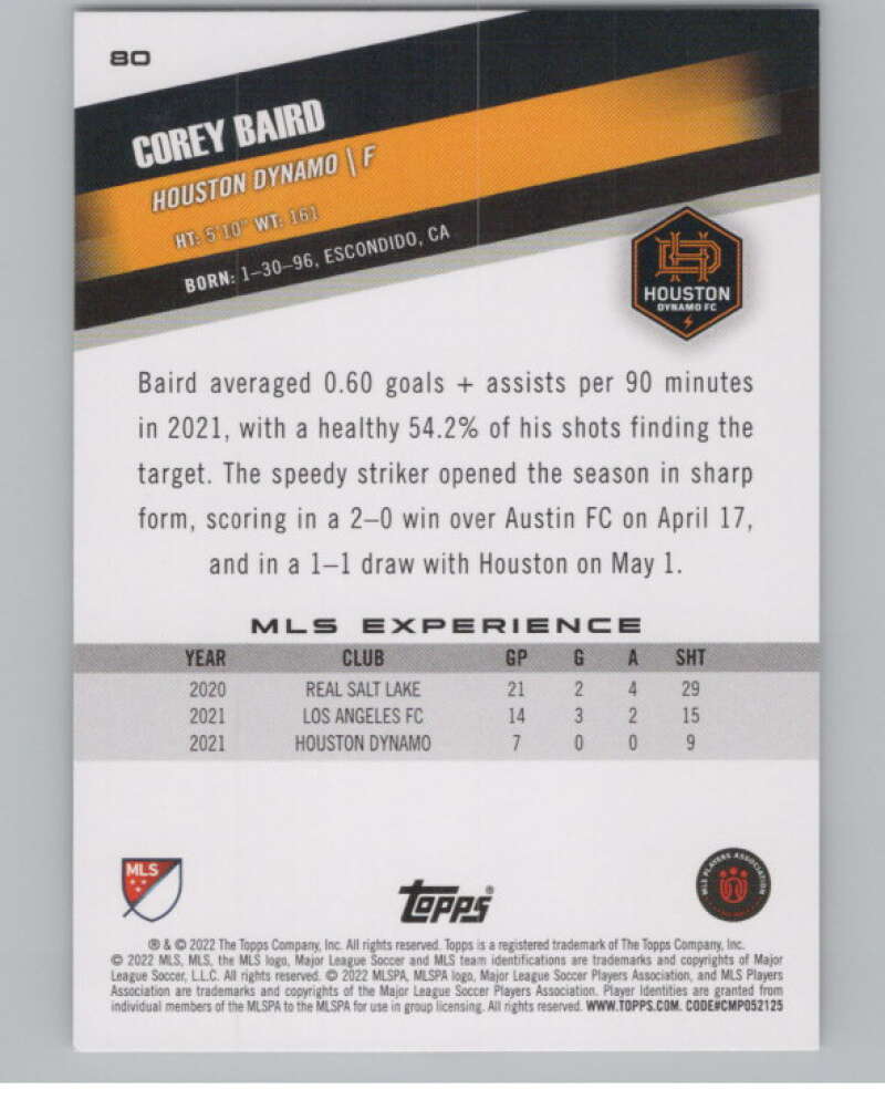 2022 Topps MLS Soccer #80 Corey Baird  Houston Dynamo  V97671 Image 2
