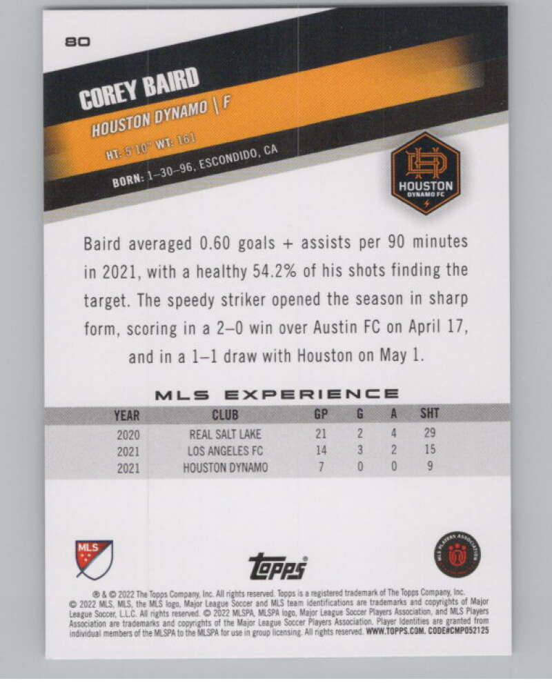 2022 Topps MLS Soccer #80 Corey Baird  Houston Dynamo  V97673 Image 2