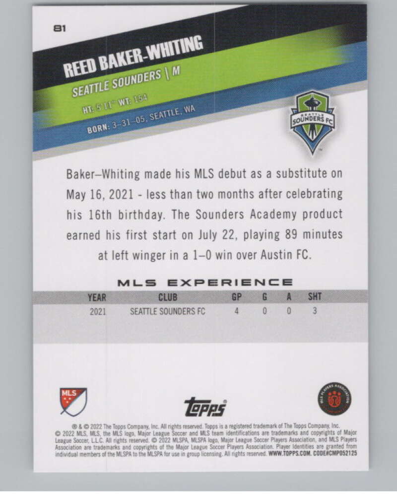 2022 Topps MLS Soccer #81 Reed Baker-Whiting  RC Rookie Seattle  V97674 Image 2