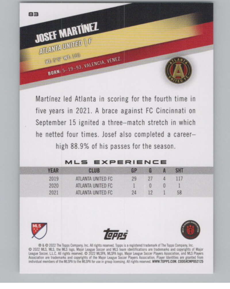 2022 Topps MLS Soccer #83 Josef Martinez  Atlanta United  V97676 Image 2