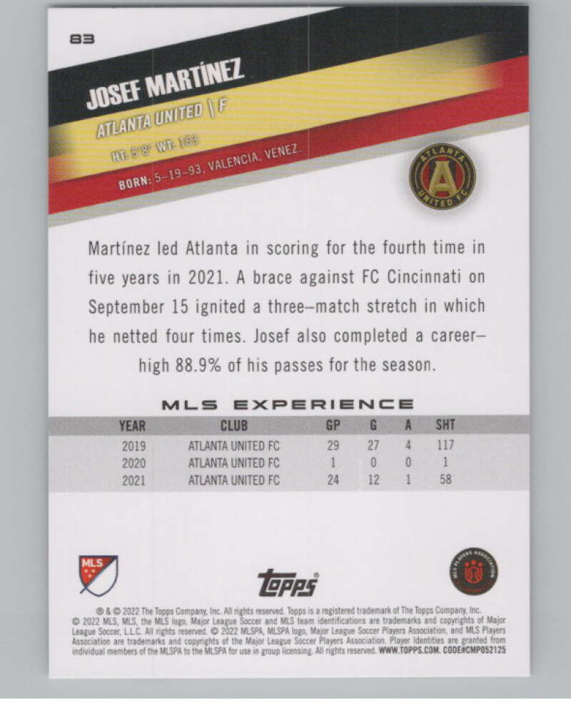 2022 Topps MLS Soccer #83 Josef Martinez  Atlanta United  V97678 Image 2