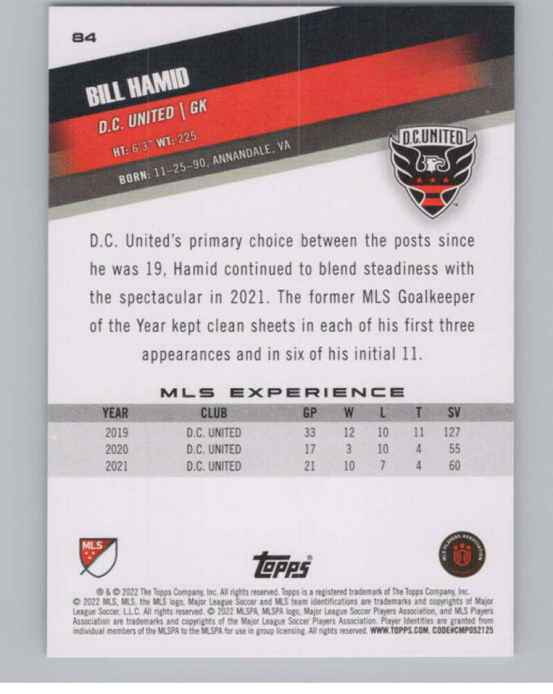 2022 Topps MLS Soccer #84 Bill Hamid  D.C. United  V97679 Image 2