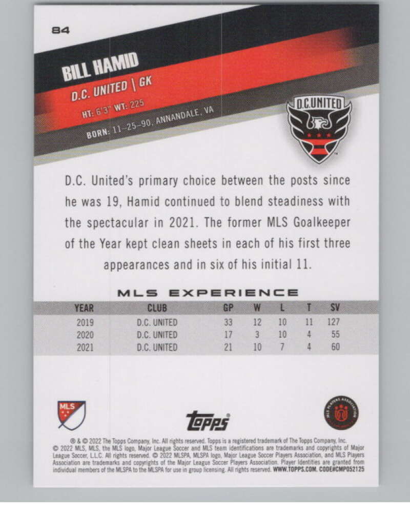 2022 Topps MLS Soccer #84 Bill Hamid  D.C. United  V97680 Image 2