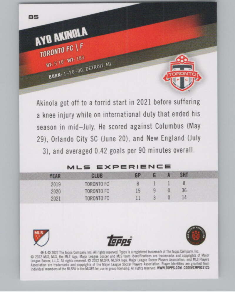 2022 Topps MLS Soccer #85 Ayo Akinola  Toronto FC  V97682 Image 2