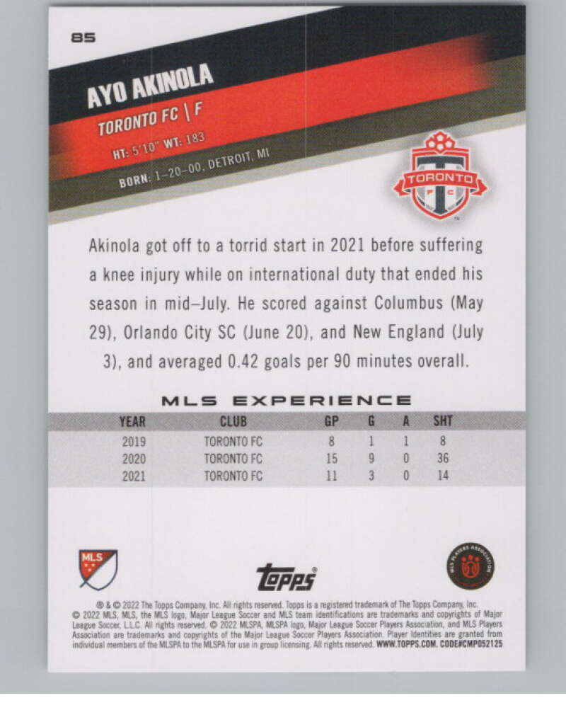 2022 Topps MLS Soccer #85 Ayo Akinola  Toronto FC  V97683 Image 2