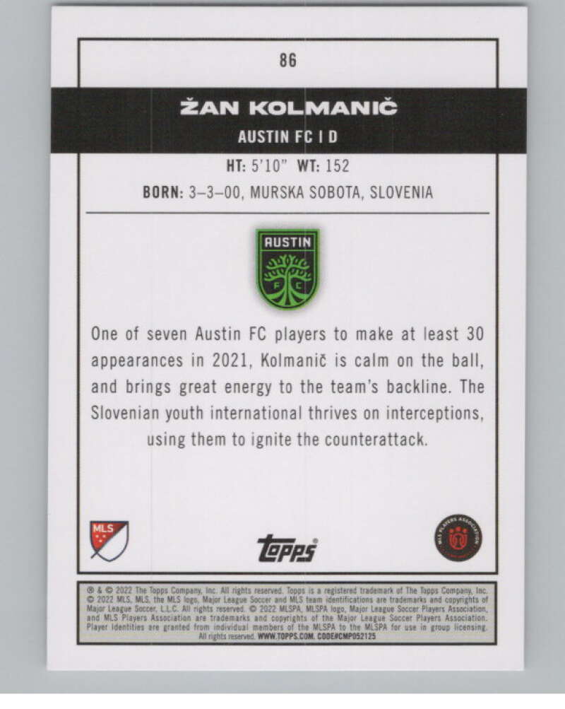 2022 Topps MLS Soccer #86 Zan Kolmanic  RC Rookie Austin FC  V97686 Image 2