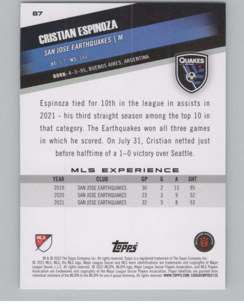 2022 Topps MLS Soccer #87 Cristian Espinoza  San Jose Earthquakes  V97687 Image 2