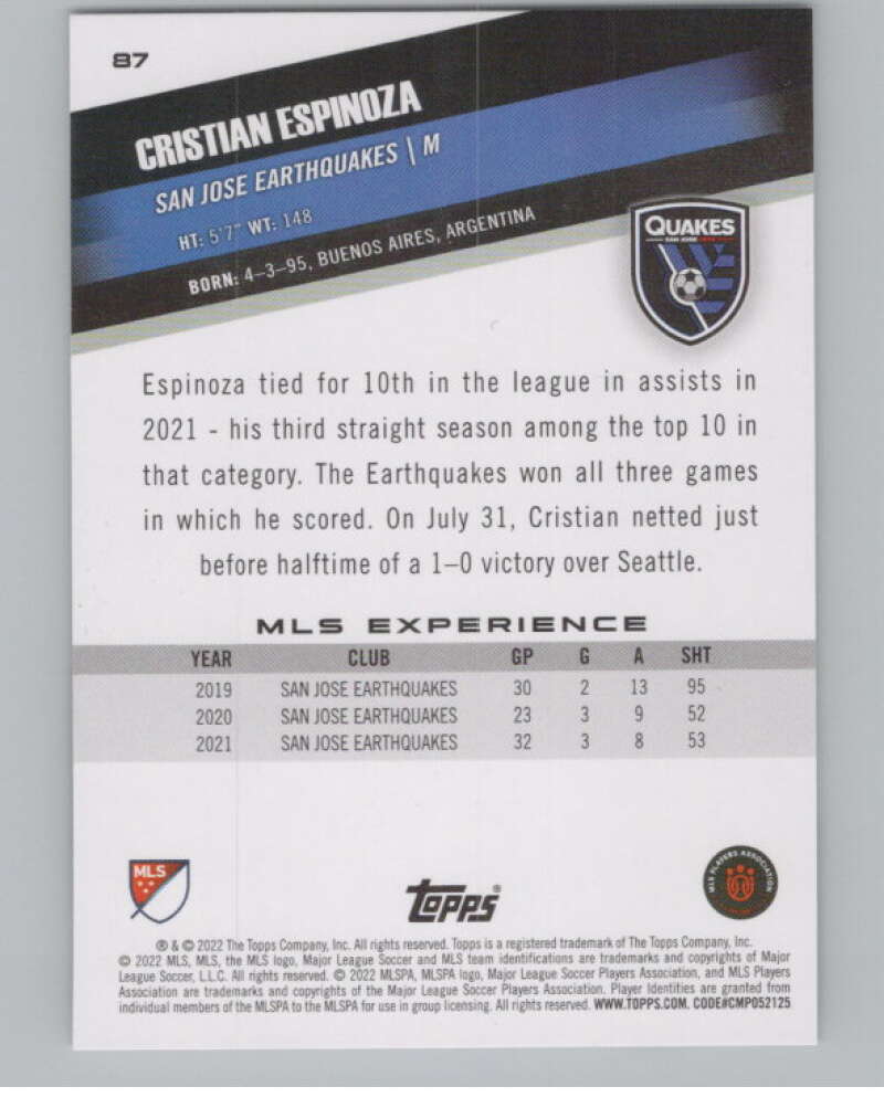 2022 Topps MLS Soccer #87 Cristian Espinoza  San Jose Earthquakes  V97688 Image 2