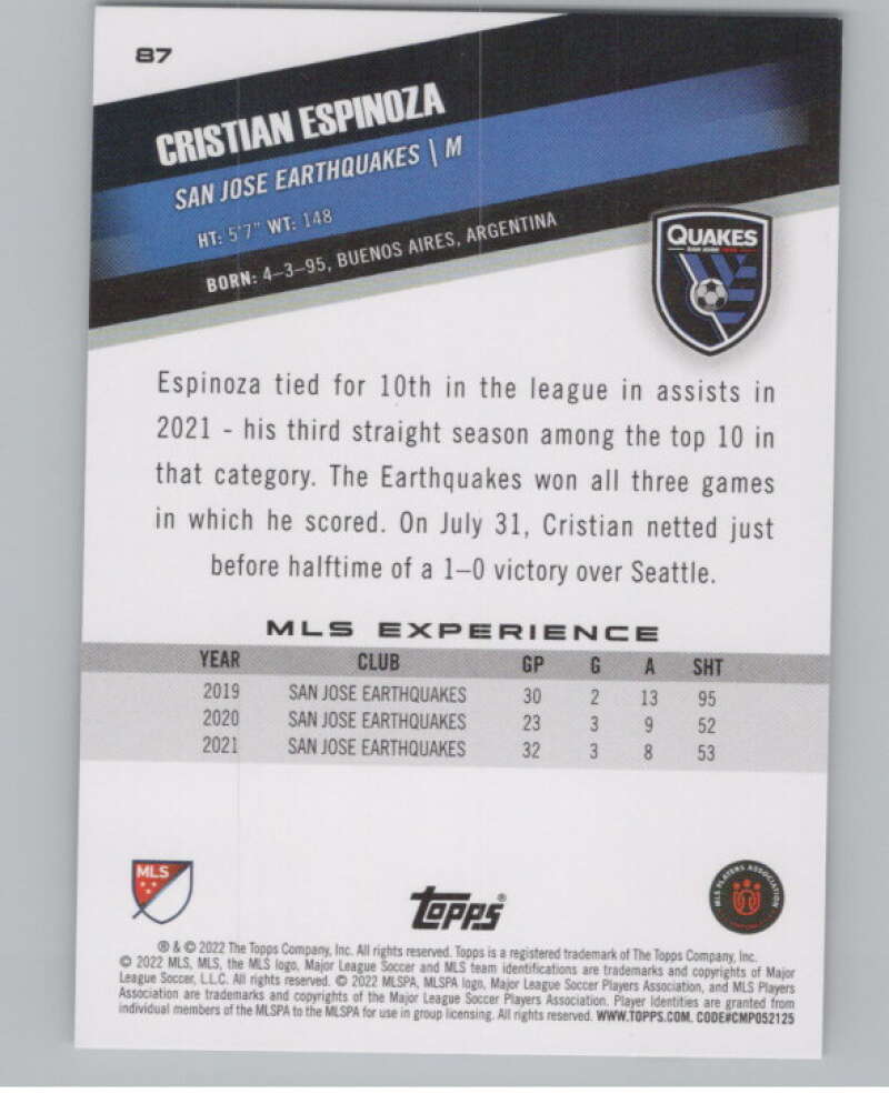 2022 Topps MLS Soccer #87 Cristian Espinoza  San Jose Earthquakes  V97689 Image 2
