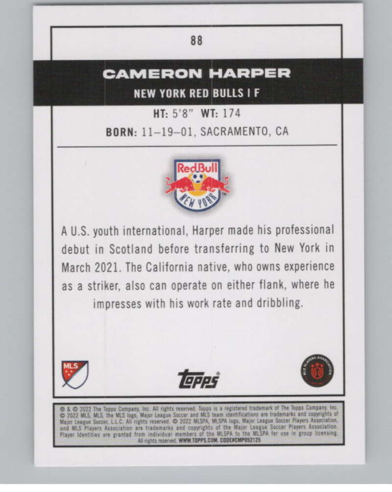 2022 Topps MLS Soccer #88 Cameron Harper  RC Rookie New York  V97691 Image 2