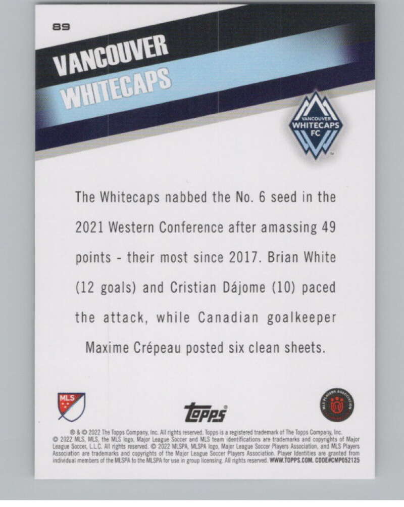 2022 Topps MLS Soccer #89 Vancouver Whitecaps  Vancouver  V97693 Image 2