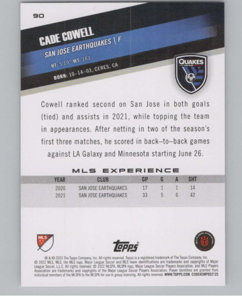 2022 Topps MLS Soccer #90 Cade Cowell  San Jose Earthquakes  V97696 Image 2