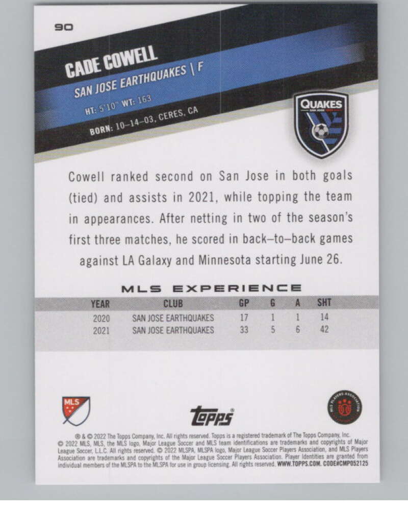 2022 Topps MLS Soccer #90 Cade Cowell  San Jose Earthquakes  V97697 Image 2