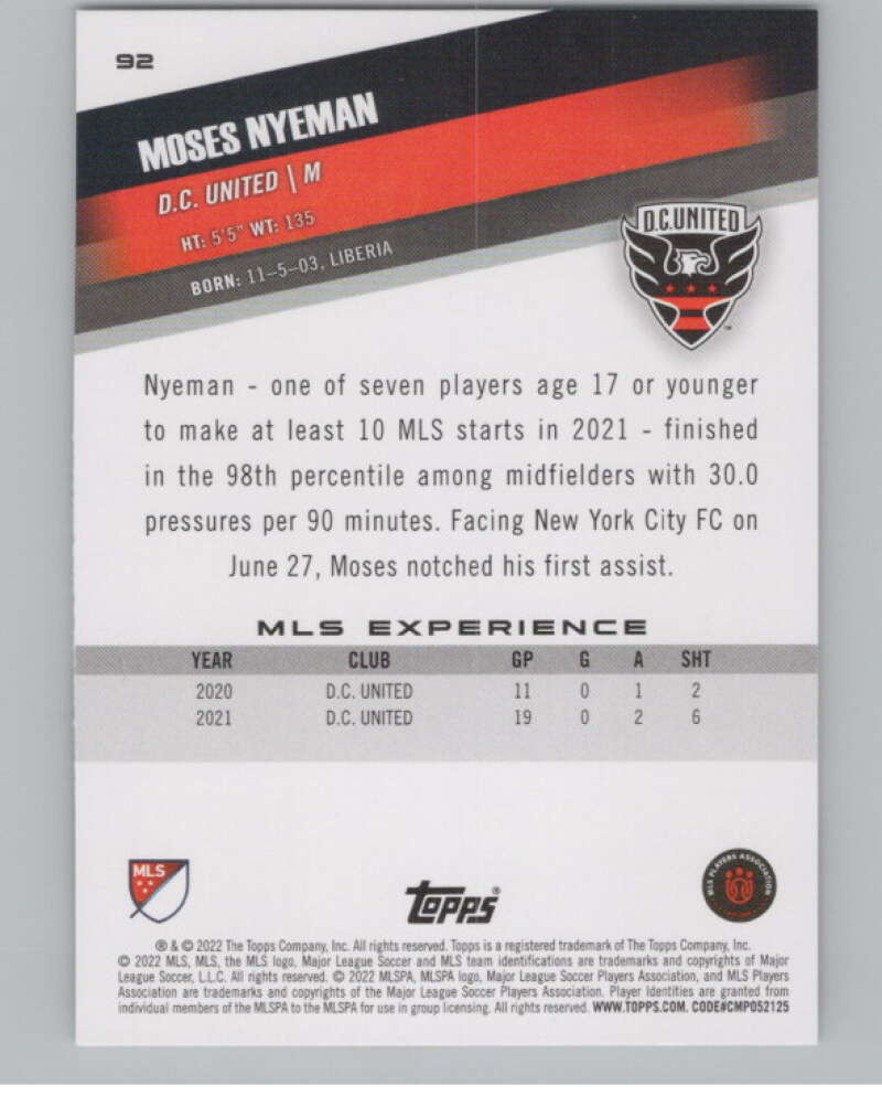 2022 Topps MLS Soccer #92 Moses Nyeman  D.C. United  V97701 Image 2