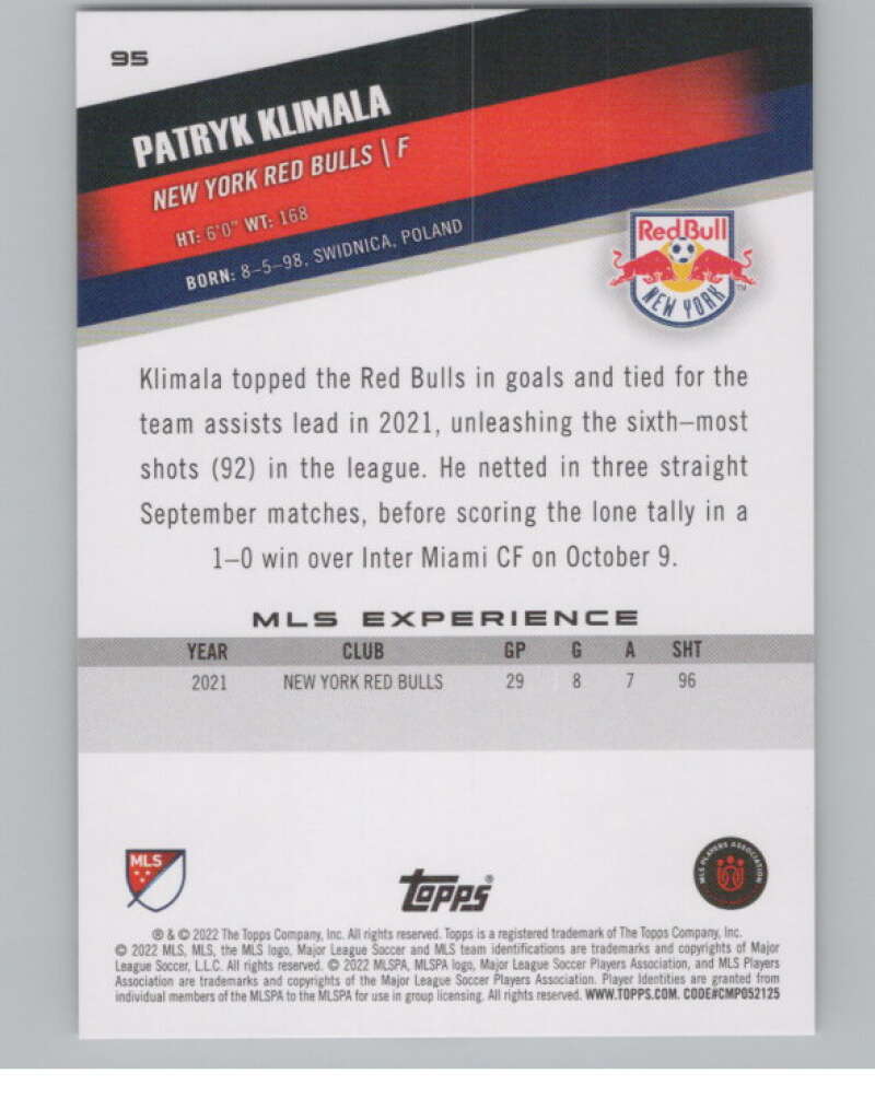 2022 Topps MLS Soccer #95 Patryk Klimala  New York Red Bulls  V97708 Image 2
