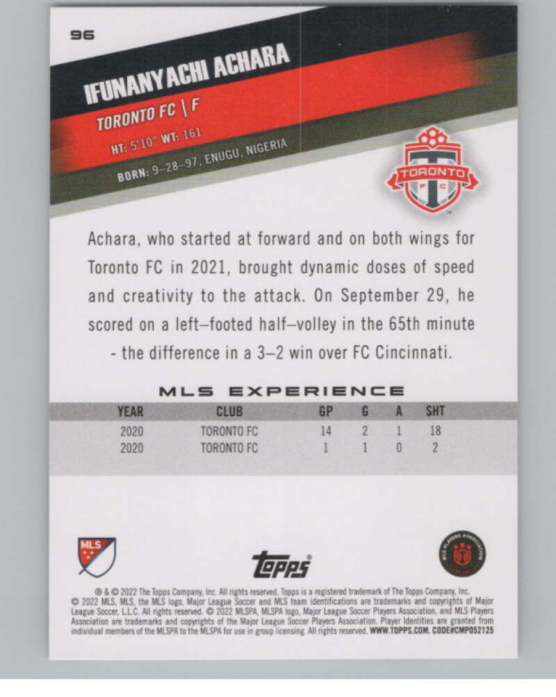 2022 Topps MLS Soccer #96 Ifunanyachi Achara  Toronto FC  V97710 Image 2