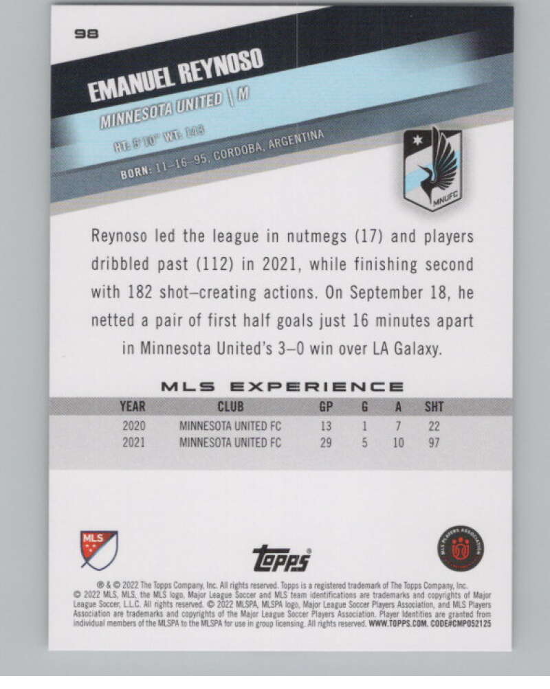 2022 Topps MLS Soccer #98 Emanuel Reynoso  Minnesota United  V97713 Image 2