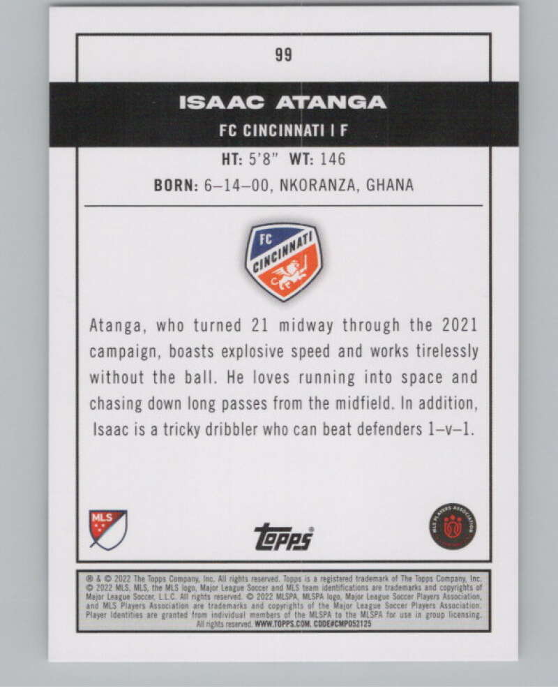 2022 Topps MLS Soccer #99 Isaac Atanga  RC Rookie FC Cincinnati  V97716 Image 2