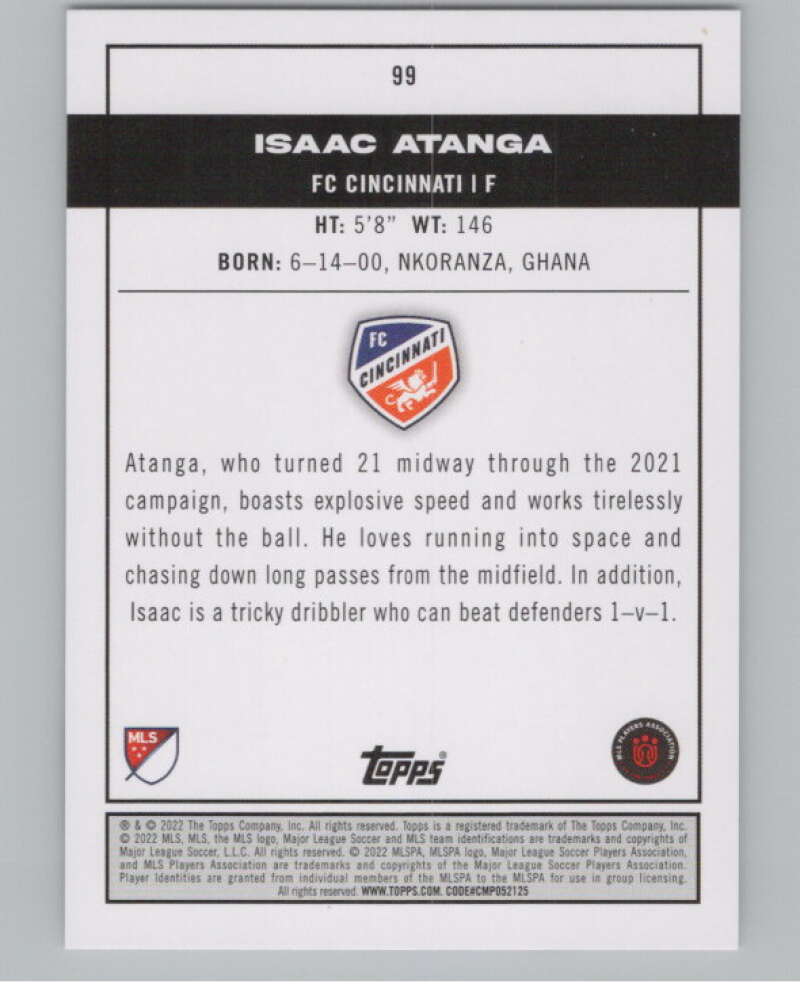 2022 Topps MLS Soccer #99 Isaac Atanga  RC Rookie FC Cincinnati  V97717 Image 2