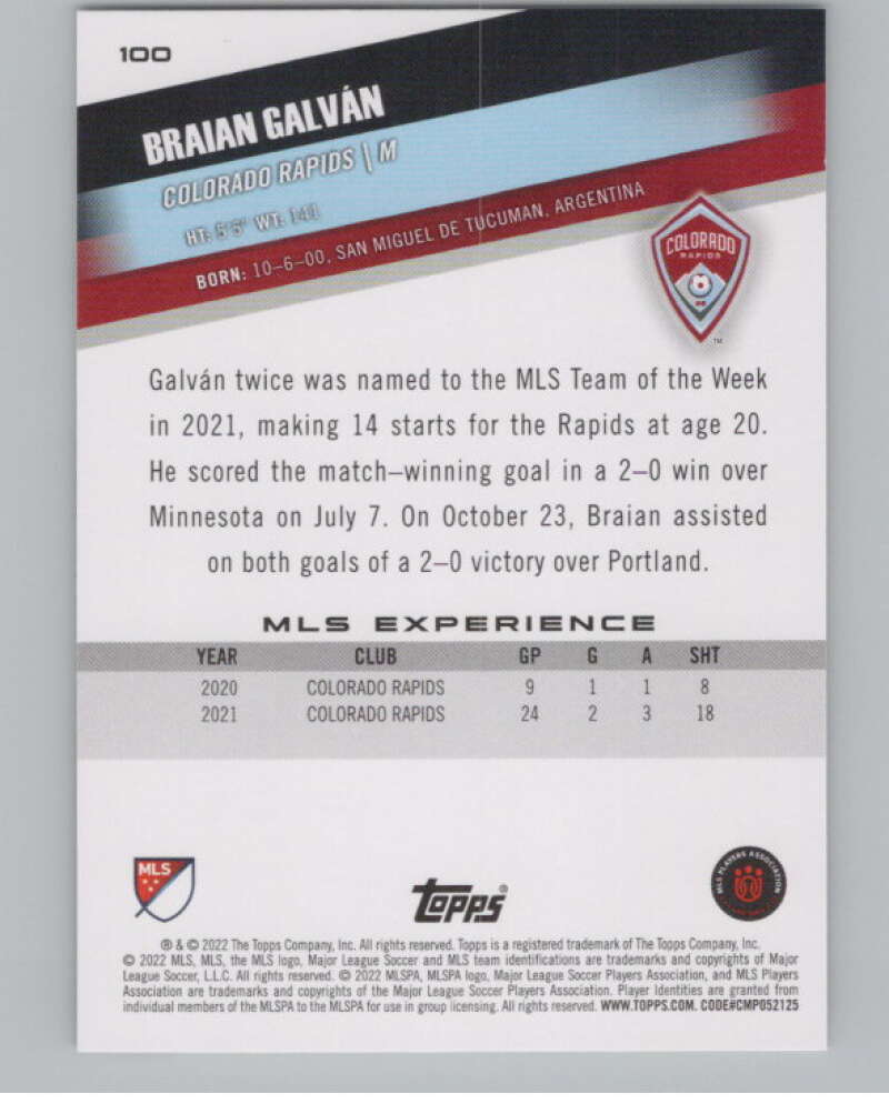 2022 Topps MLS Soccer #100 Braian Galvan  RC Rookie Colorado  V97718 Image 2