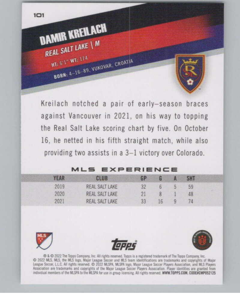 2022 Topps MLS Soccer #101 Damir Kreilach  Real Salt Lake  V97720 Image 2