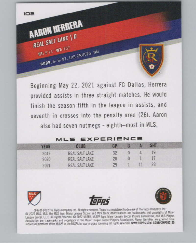 2022 Topps MLS Soccer #102 Aaron Herrera  Real Salt Lake  V97724 Image 2