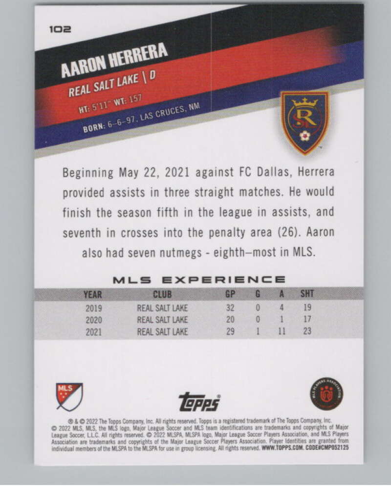 2022 Topps MLS Soccer #102 Aaron Herrera  Real Salt Lake  V97725 Image 2