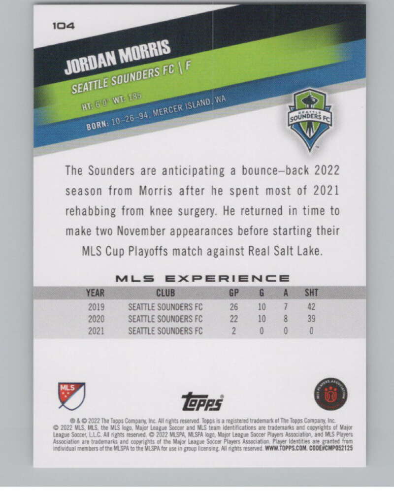 2022 Topps MLS Soccer #104 Jordan Morris  Seattle Sounders FC  V97729 Image 2