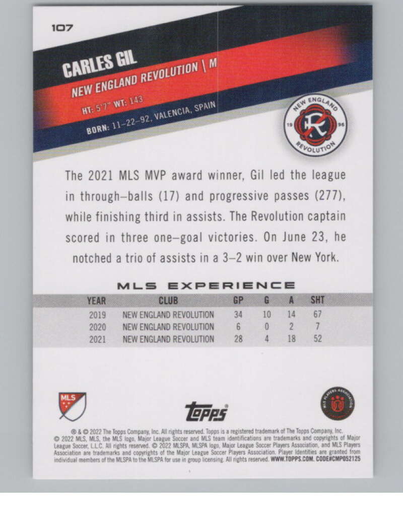 2022 Topps MLS Soccer #107 Carles Gil  New England Revolution  V97733 Image 2