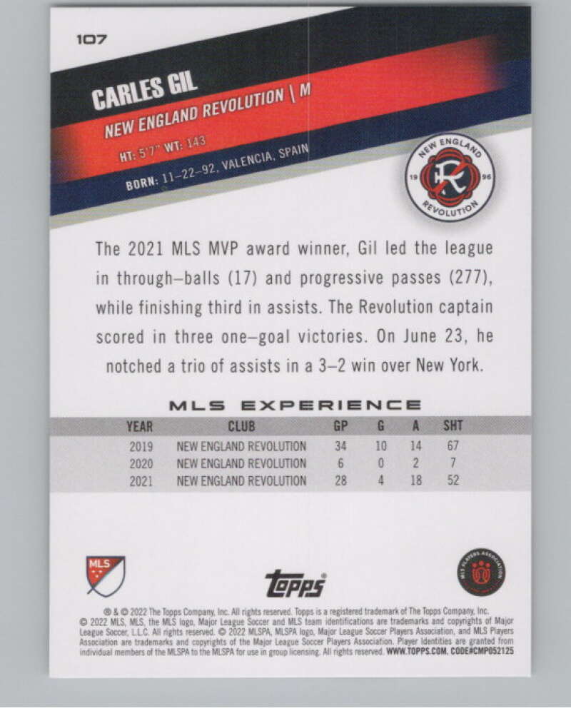 2022 Topps MLS Soccer #107 Carles Gil  New England Revolution  V97735 Image 2