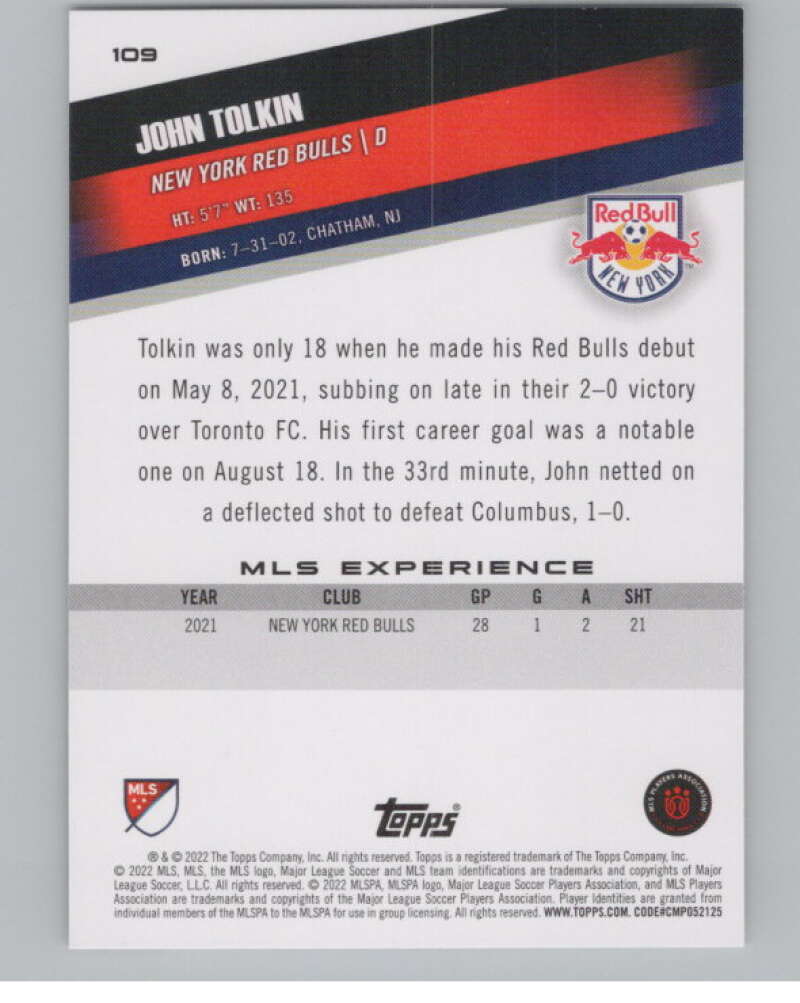 2022 Topps MLS Soccer #109 John Tolkin  New York Red Bulls  V97739 Image 2