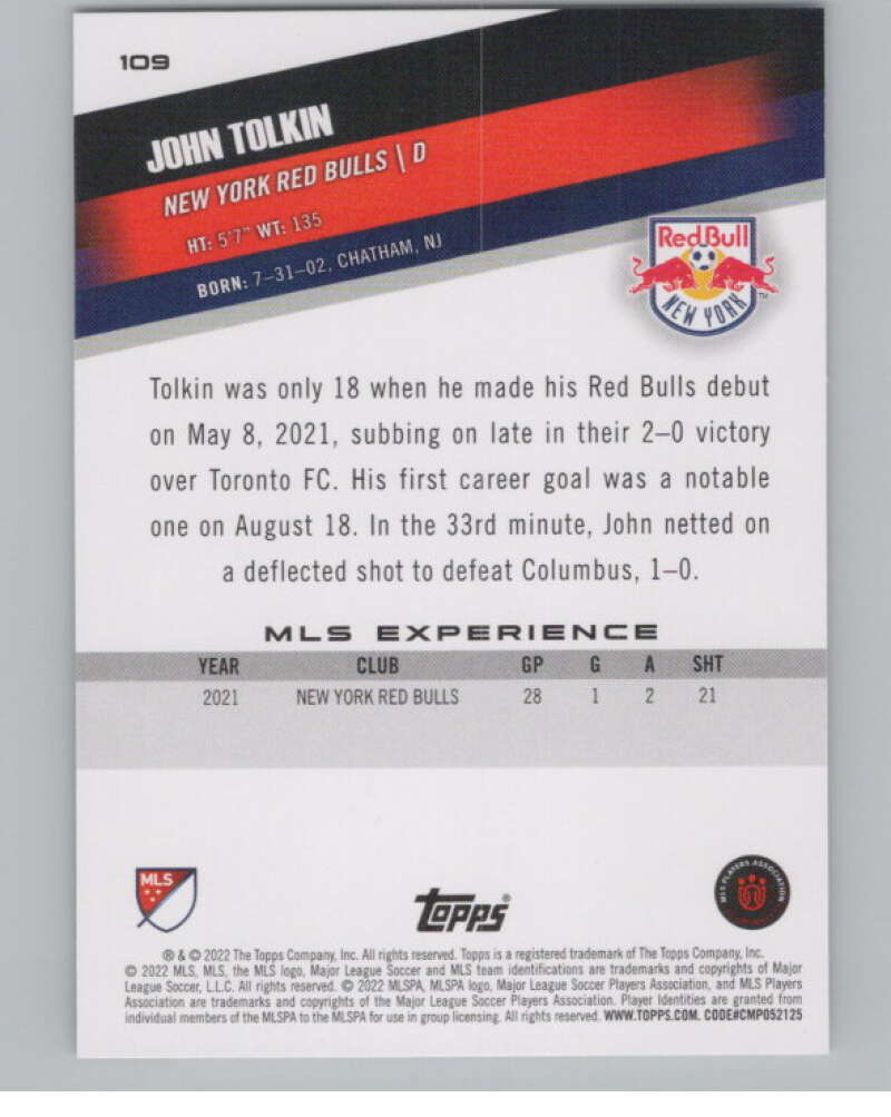 2022 Topps MLS Soccer #109 John Tolkin  New York Red Bulls  V97740 Image 2