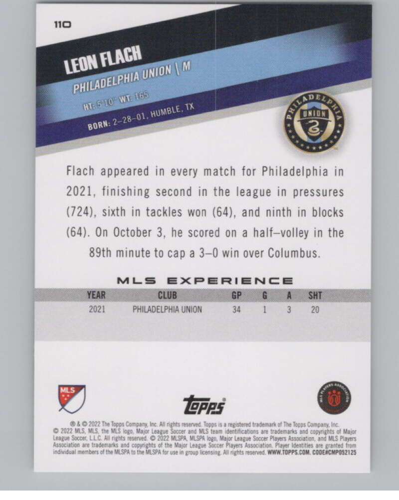 2022 Topps MLS Soccer #110 Leon Flach  RC Rookie Philadelphia Union  V97742 Image 2