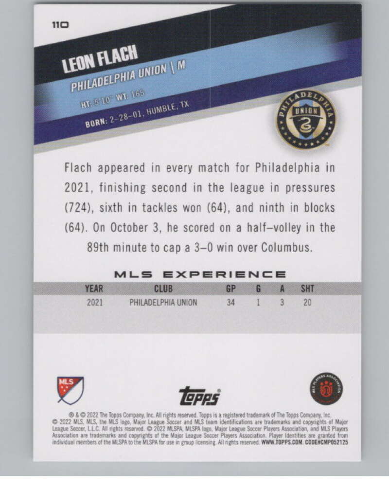 2022 Topps MLS Soccer #110 Leon Flach  RC Rookie Philadelphia Union  V97744 Image 2