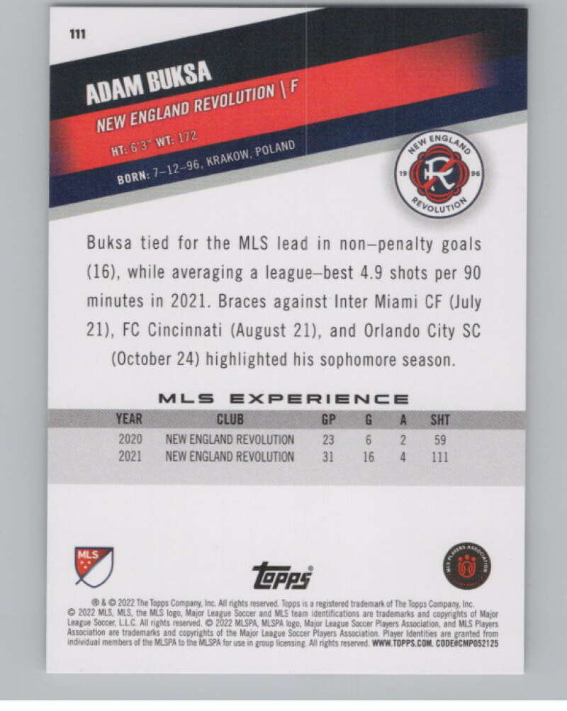 2022 Topps MLS Soccer #111 Adam Buksa  New England Revolution  V97745 Image 2