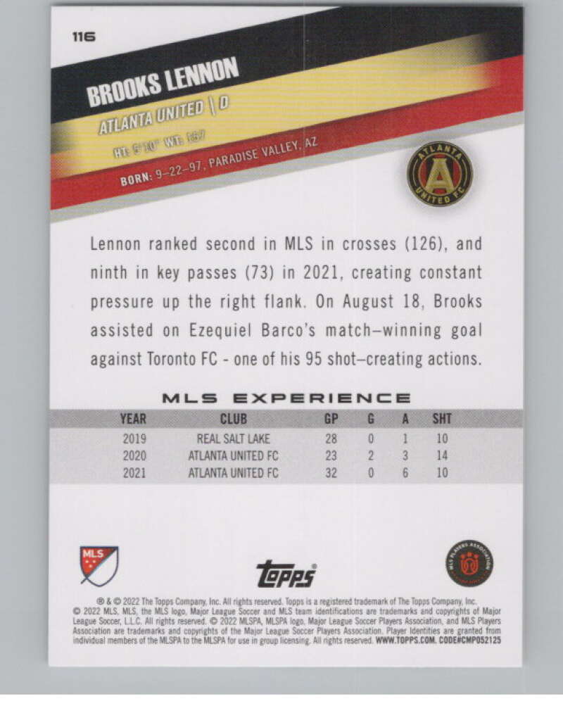 2022 Topps MLS Soccer #116 Brooks Lennon  Atlanta United  V97757 Image 2