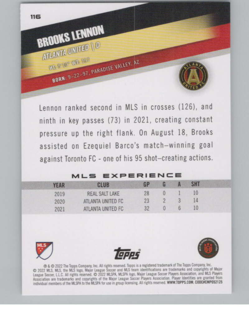2022 Topps MLS Soccer #116 Brooks Lennon  Atlanta United  V97759 Image 2
