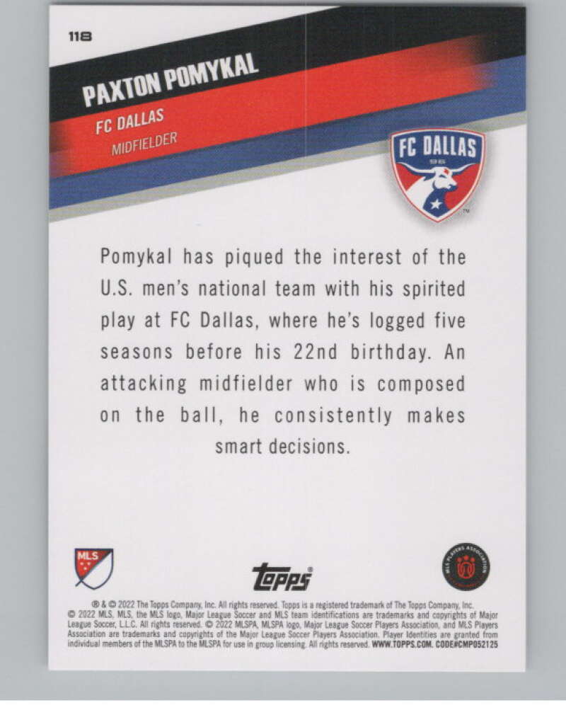 2022 Topps MLS Soccer #118 Paxton Pomykal  FC Dallas  V97762 Image 2