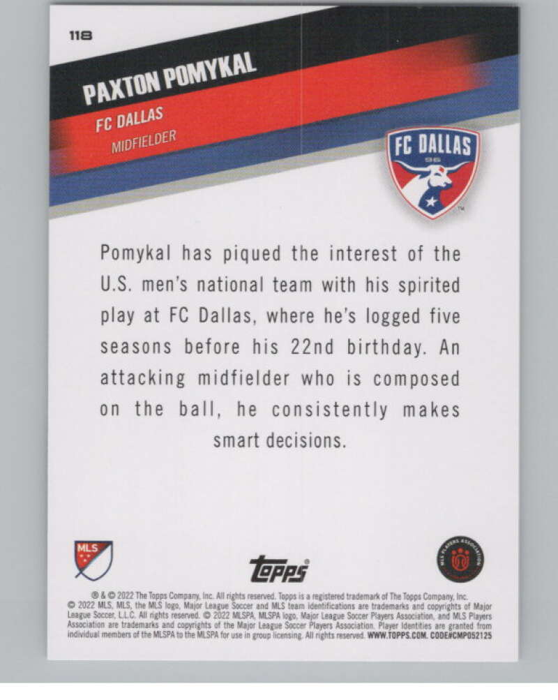 2022 Topps MLS Soccer #118 Paxton Pomykal  FC Dallas  V97763 Image 2