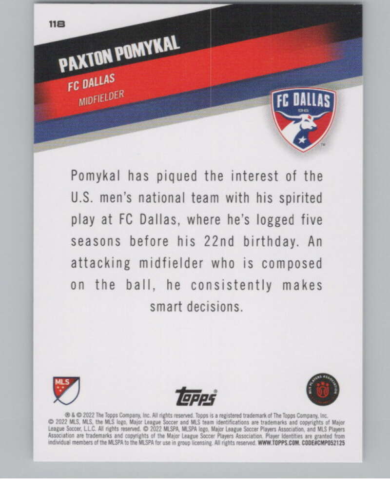 2022 Topps MLS Soccer #118 Paxton Pomykal  FC Dallas  V97764 Image 2